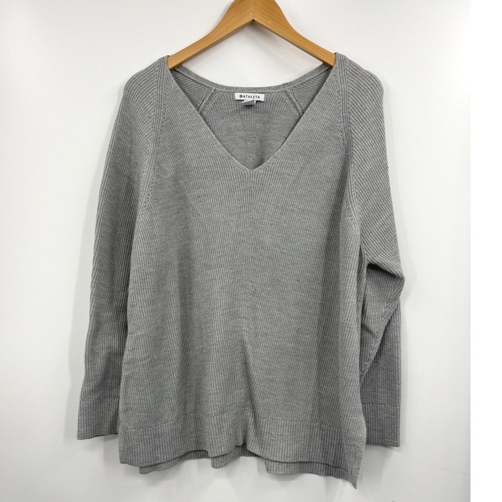 Athleta Grey Ribbed Merino‎ Wool Blend V Neck Sweater Plus Size 1X